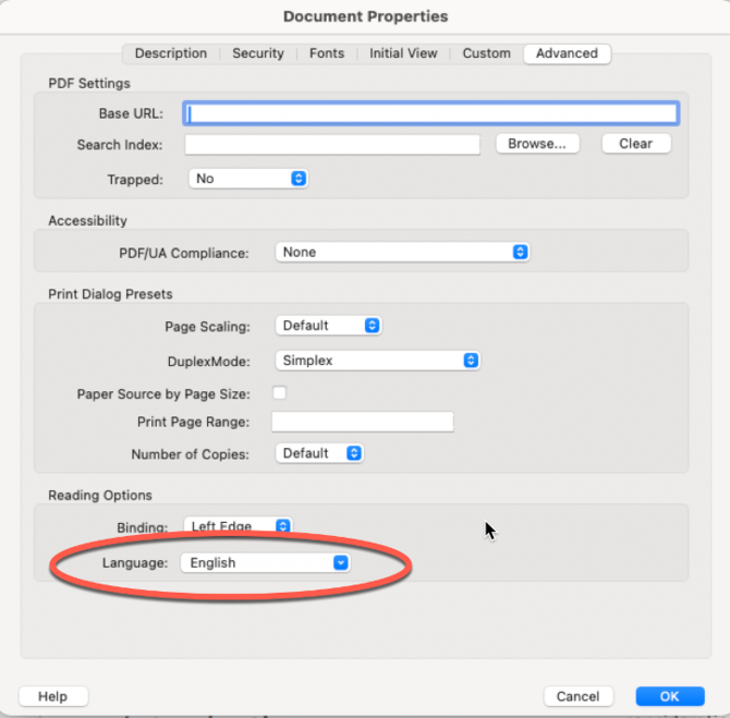 Setting the language in a PDF to English.
