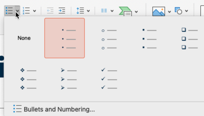 Options for bullets in PowerPoint, including filled circles, empty circles, squares, and checks.