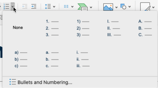 Numbered list options in PowerPoint, including Arabic, upper and lower case alphabetical, and upper and lower case Roman numerals.