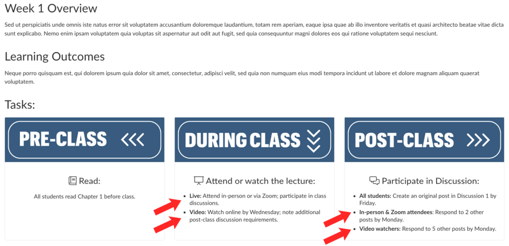 Screenshot displaying an overview page with red arrows pointing out the modality-specific instructions