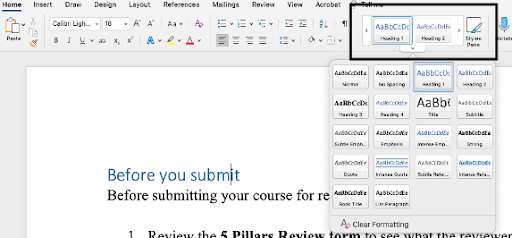 Showing placement of Header tags in Microsoft Word's tool bar