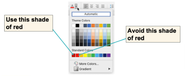 MS Word color palette: primary red labeled Avoid this shade of red and maroon labeled Use this shade of red.