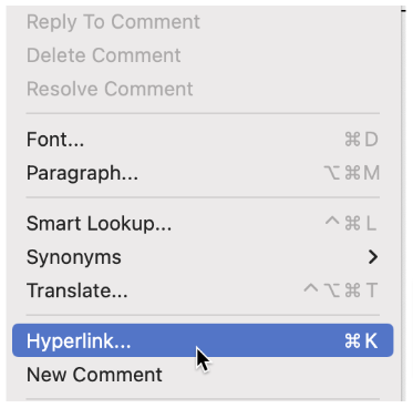 Accessing hyperlink options from the right-click dialog menu