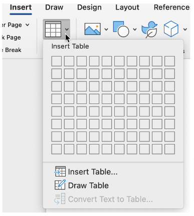 Inserting a table in Word