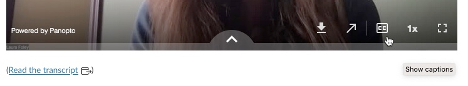 Cursor points to the CC icon in the lower right corner of the Panopto recording, indicating that it is captioned.