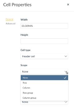 Options for defining a header cell in a table.