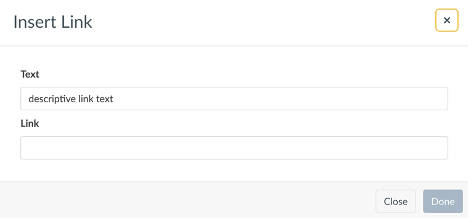 Inserting an external link into the Rich Content Editor.