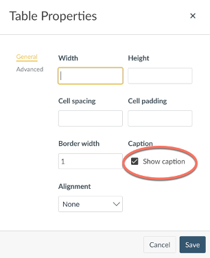 Table Properties dialog box, Show caption is circled.