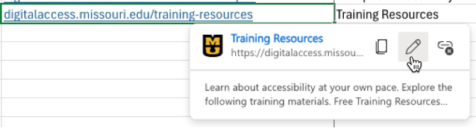 Selecting option to edit a hyperlinked URL in Excel.