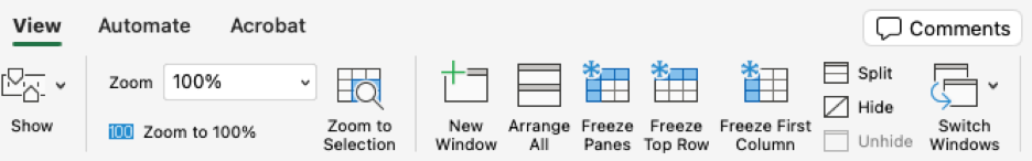 Freeze pane options include Freeze Panes, Freeze Top Row, and Freeze First Column.