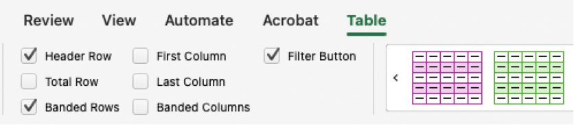 Table formatting options in Excel, including defining the Header Row.