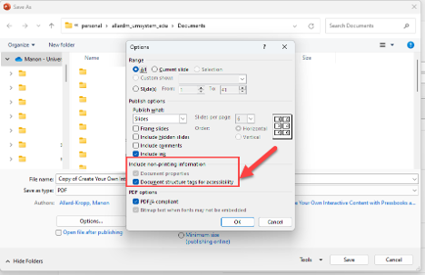 Dialog box for exporting a Word document to PDF on a PC. document structure tags for accessibility and PDF/A compliant are selected.