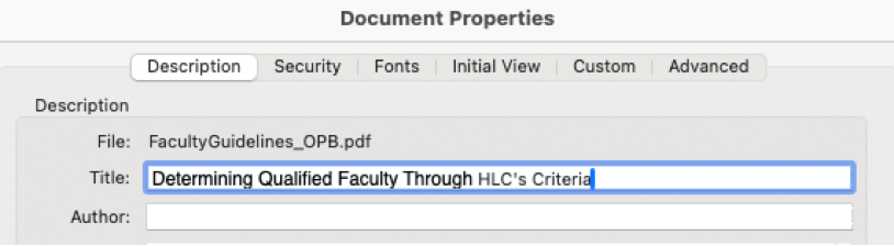 Setting a PDF title to Determining Qualified Faculty Through HLC.