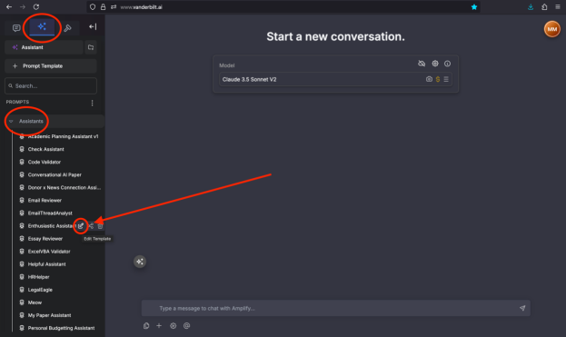 Figure 4: The location of the “Edit Template” icon when hovering over the desired assistant.