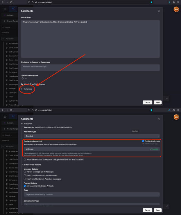Figure 5: The locations of “Advanced” and “Publish Assistant Path” on the edit assistant screen.
