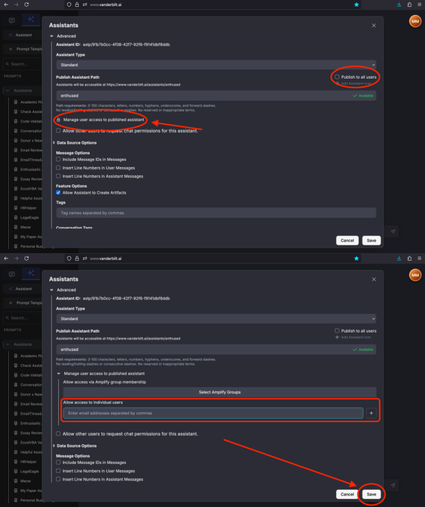 Figure 6: The locations of fields that restrict assistant access to a defined set of users.
