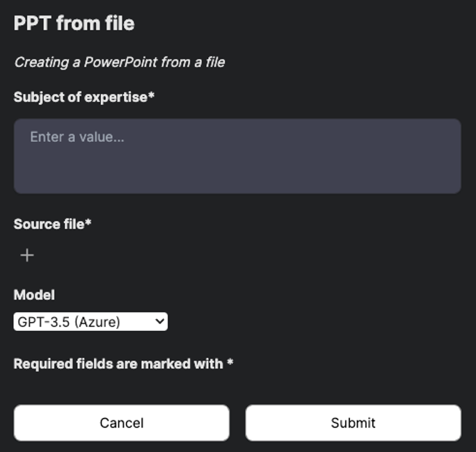 Figure 10: Options for adding a file and changing the chat model for a template.