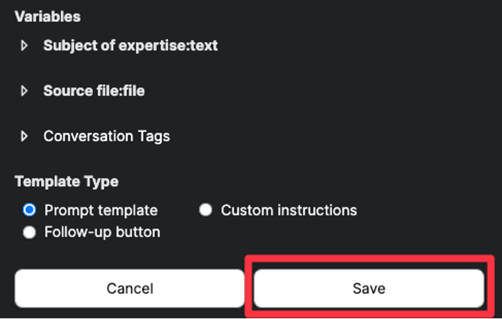 Figure 8: Save button at the end of the template creation menu.