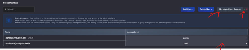 View of the “Group Management” screen when the “Updating Users Access” button is toggled.