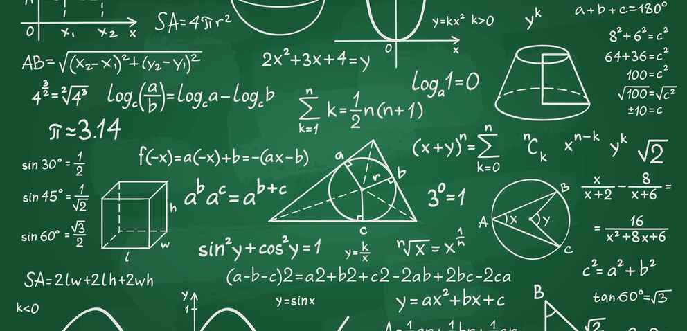 Mathematics calculus on class chalkboard. Algebra and geometry science handwritten formulas vector education concept stock illustration
