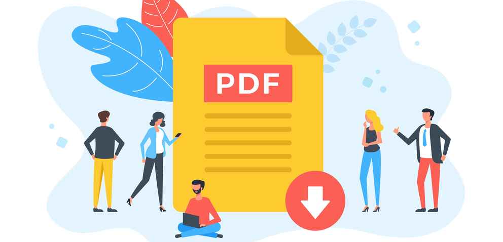 Vector illustration of a group of people with PDF document and download button