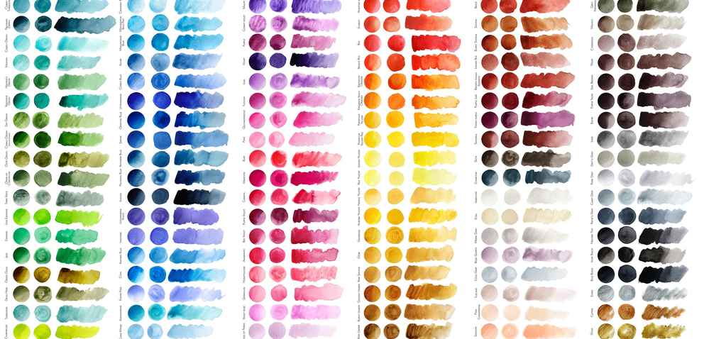 Watercolor color chart with each name in English