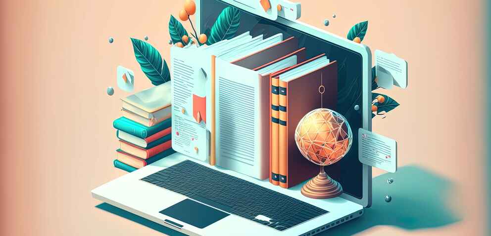 Illustration of books emerging from a laptop screen