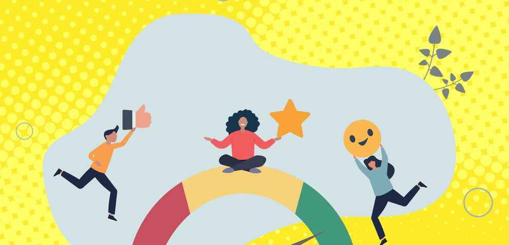 An illustration of people holding smiley faces and a thumbs up icon