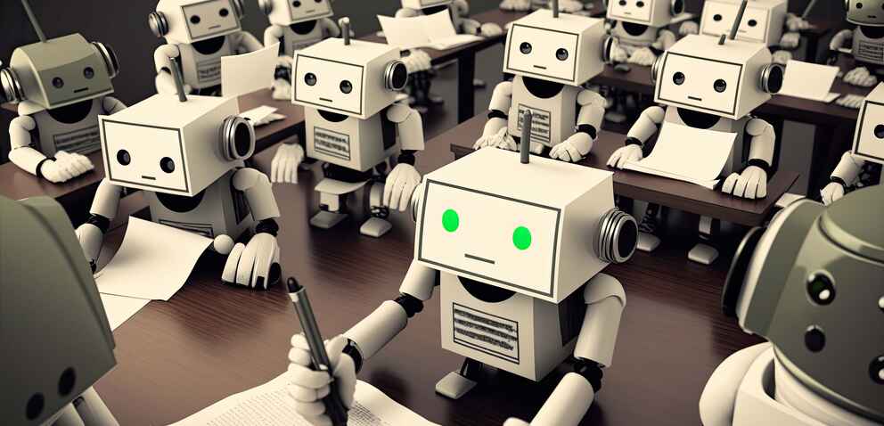 An AI-generated image of robots taking a test