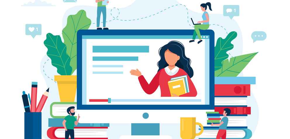 An illustration of people interacting with a large computer screen, books, and digital icons, symbolizing online learning.