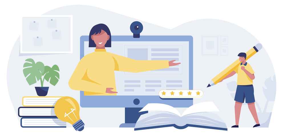 A person presenting on a computer screen, another holding a giant pencil, with books, a light bulb, and a plant.