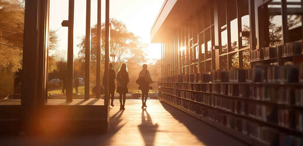 students on campus walking towards sunset