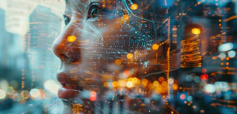 A student's silhouette intertwines with a futuristic AI construct, symbolizing the future of education where minds and machines learn together