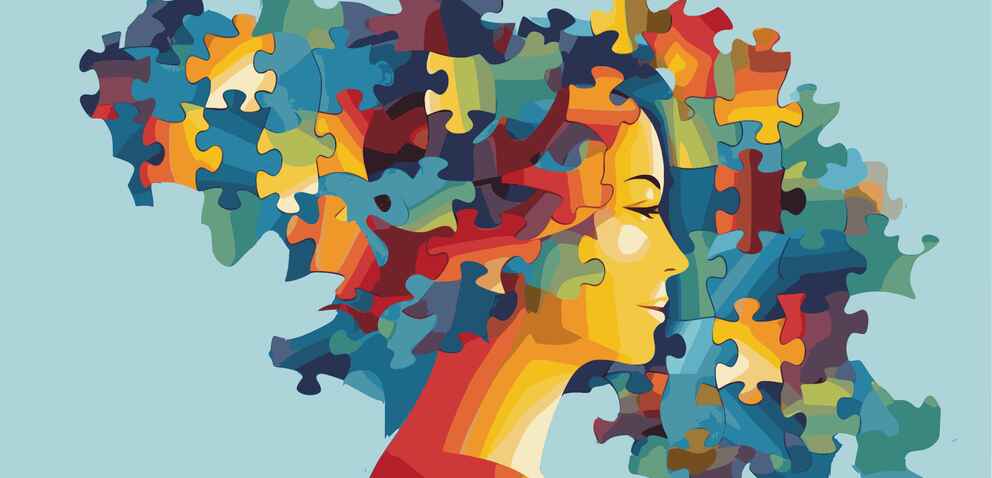 An illustration of a woman’s profile with colorful puzzle pieces forming her hair, symbolizing diversity of thought and creativity against a light blue background.