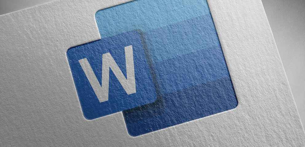 Close-up of a Microsoft Word logo on a textured paper background, featuring a blue gradient square with a white ‘W’ in the center.