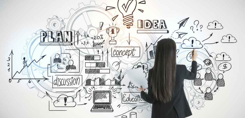 A woman in a suit draws on a whiteboard filled with various diagrams and sketches related to planning and ideas, including gears, light bulbs, charts, and icons.