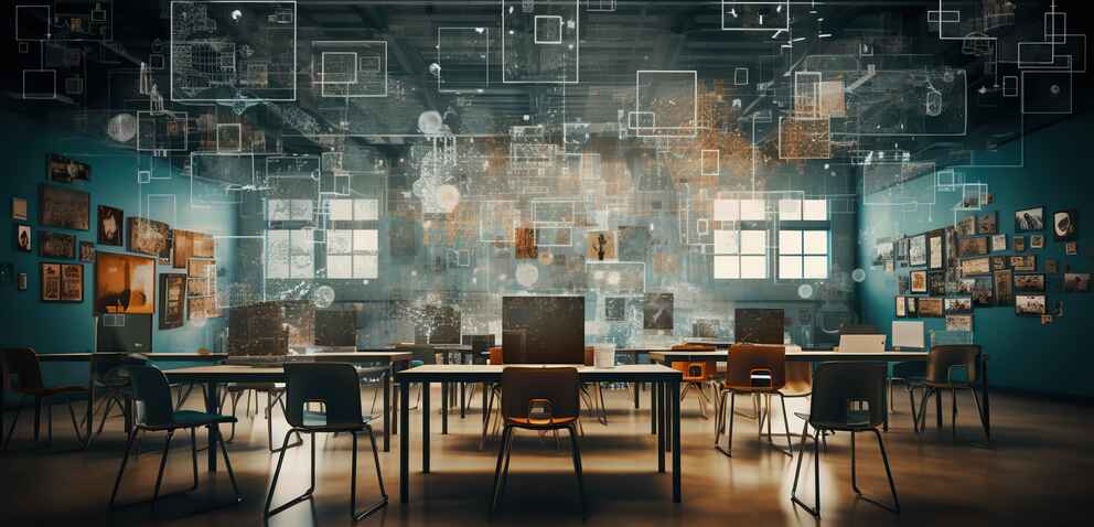A modern classroom with wooden chairs and tables, various digital data and images projected in the air, and an art-filled wall with framed pictures in the background.