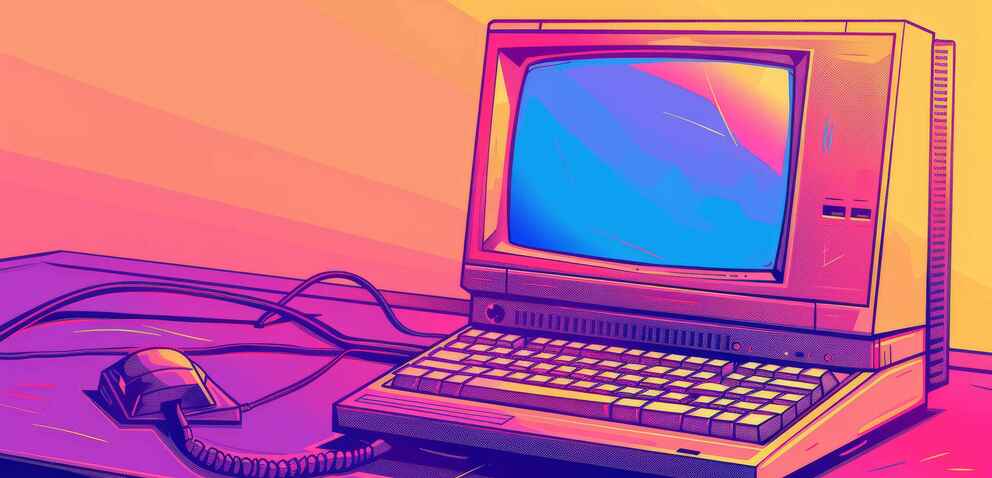 Old computer on a desk in bright colors