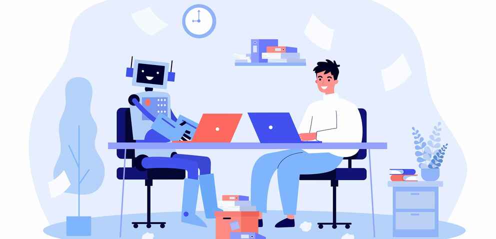 Robot and human using laptops graphic