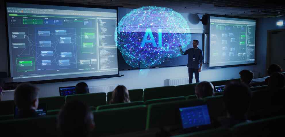 Male Teacher Using Augmented Reality Holographic Brain Visuals to Explain AI Technology