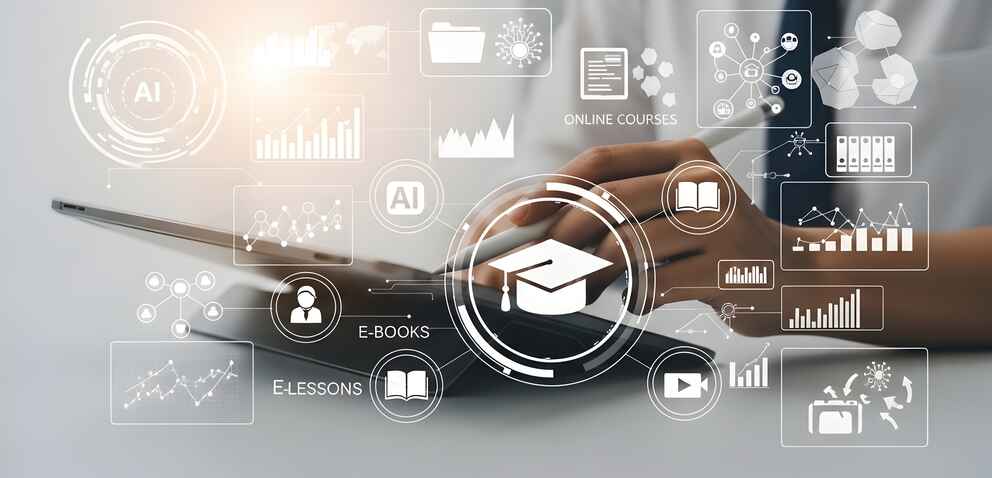 Person using a tablet with educational icons and ai technology representing online courses ebooks and elessons for digital learning and skill development.